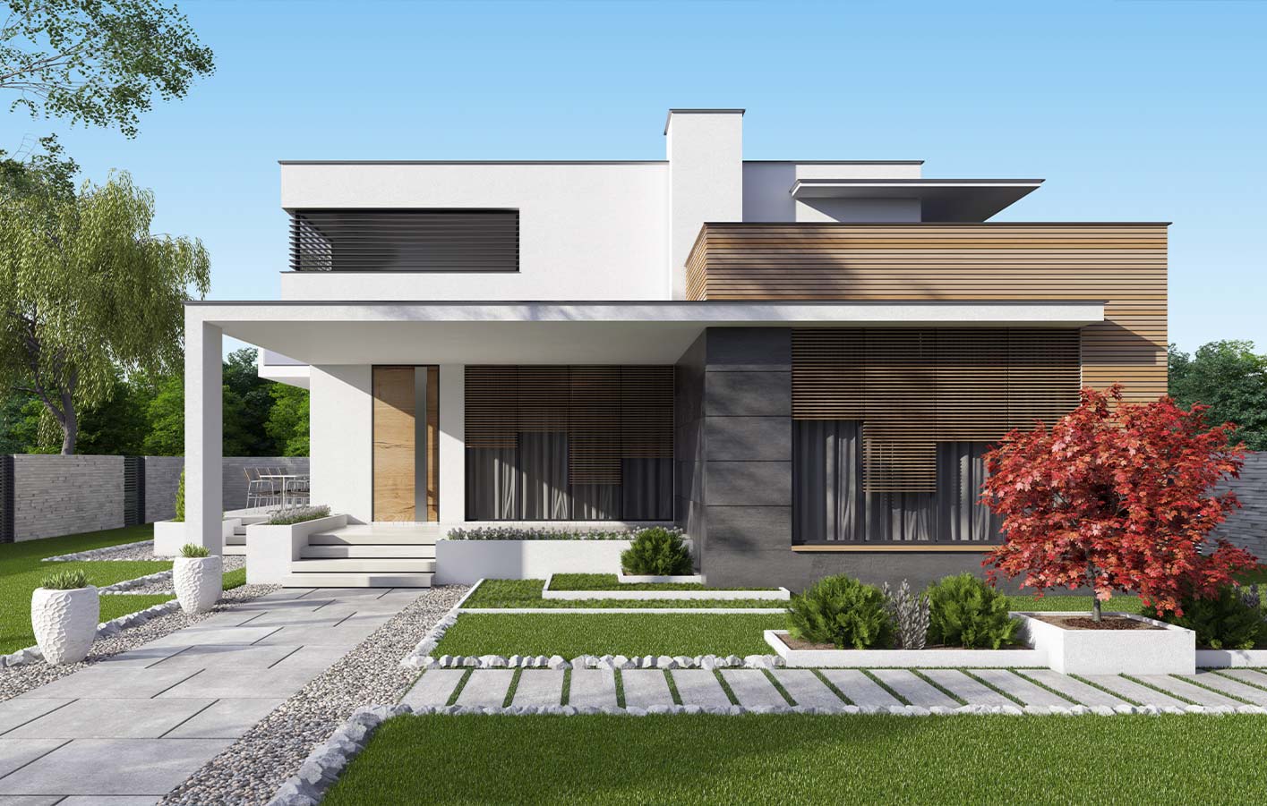 moderne, weiße Villa mit einer Teilholzfassade